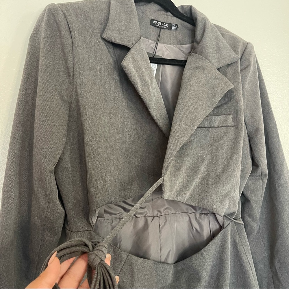 New Nasty Gal Strappy Waist Detail Cut Out Blazer Dress Size 10 Charcoal - Picture 12 of 13